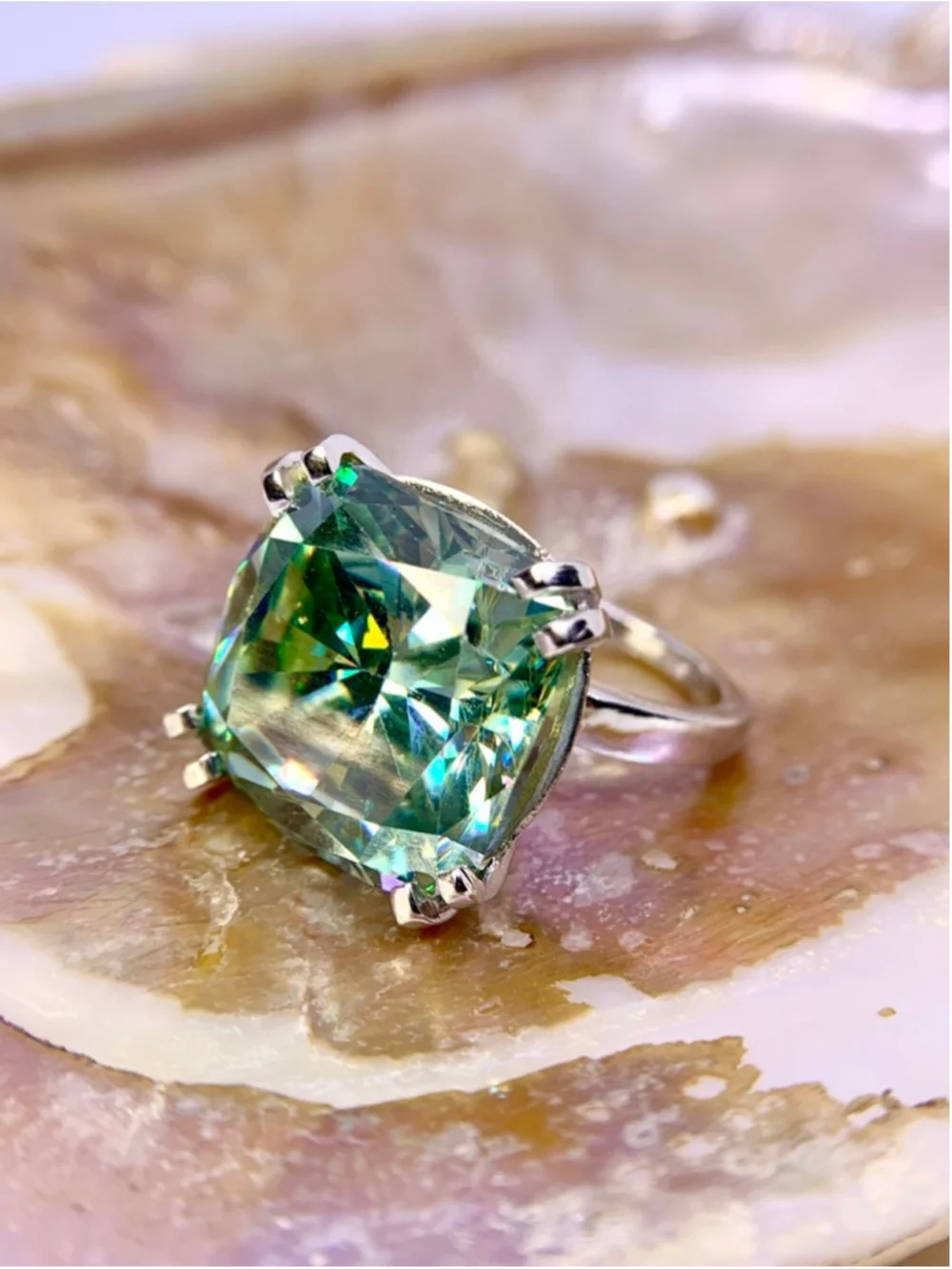 Huge Cushion Cut Moissanite Ring Vivid Blue Green 925 Silver 22 Ct Cocktail Ring